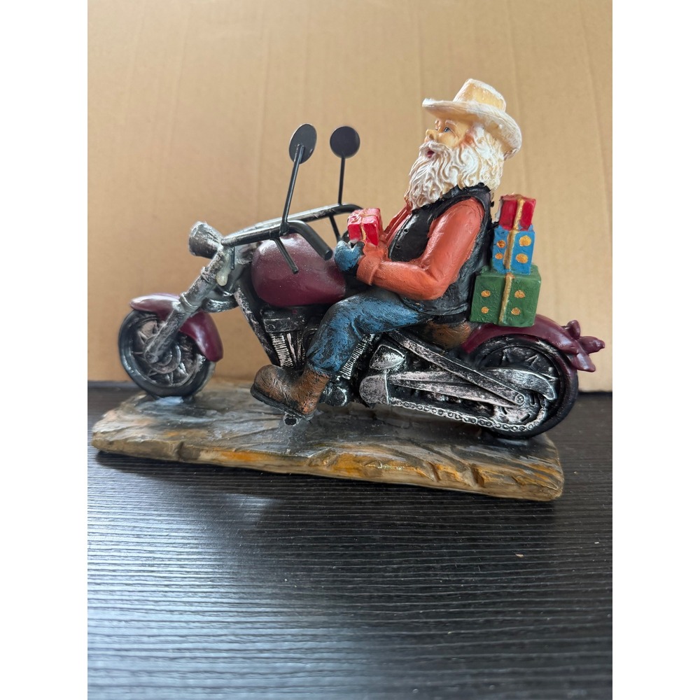 Biker Santa Claus on Motorcycle Figurine Christmas Decor Cowboy Hat 7.5 Inch